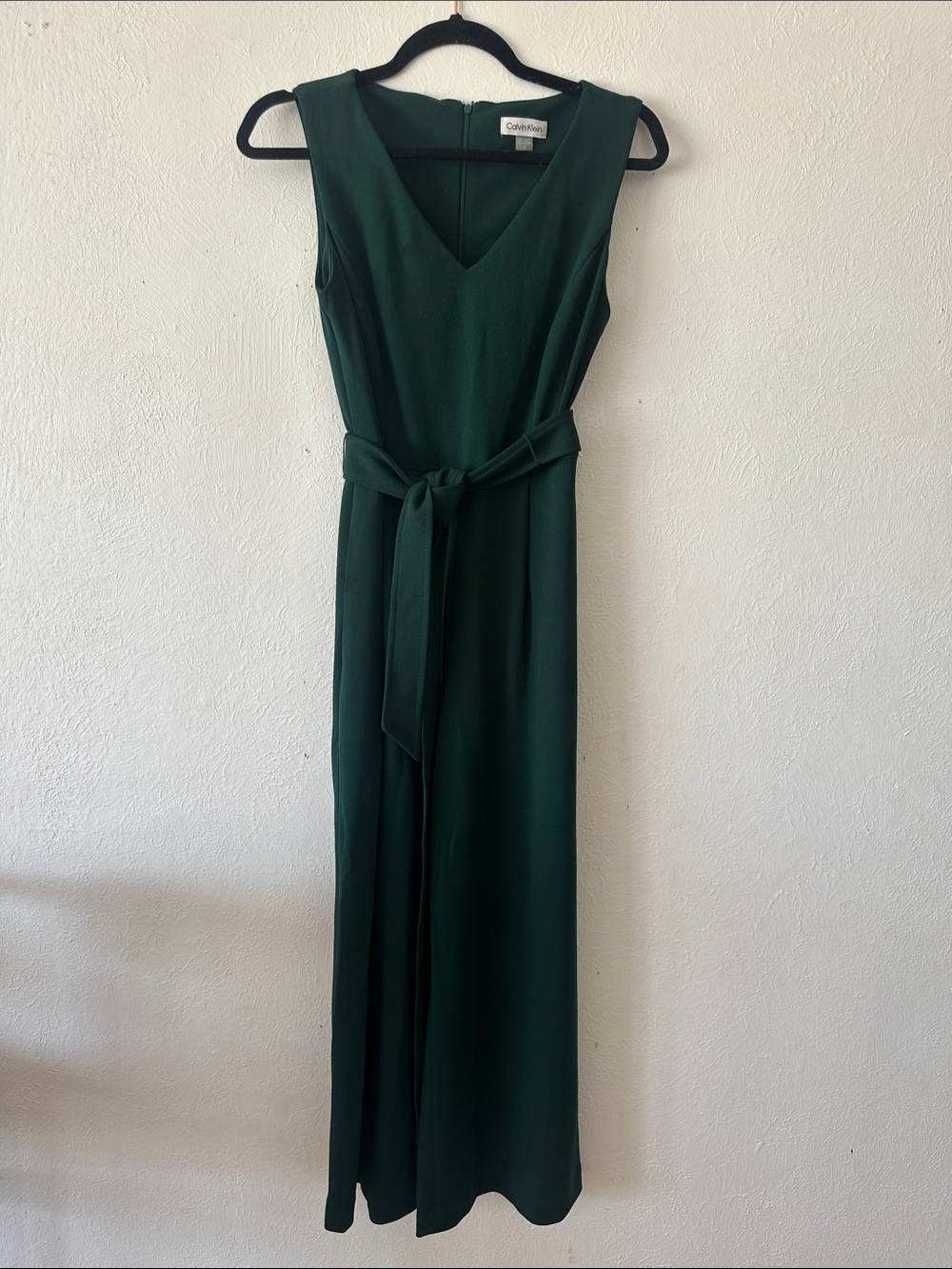 Calvin Klein Dark Green Sleeveless V-Neck Jumpsuit with Tie at Waist